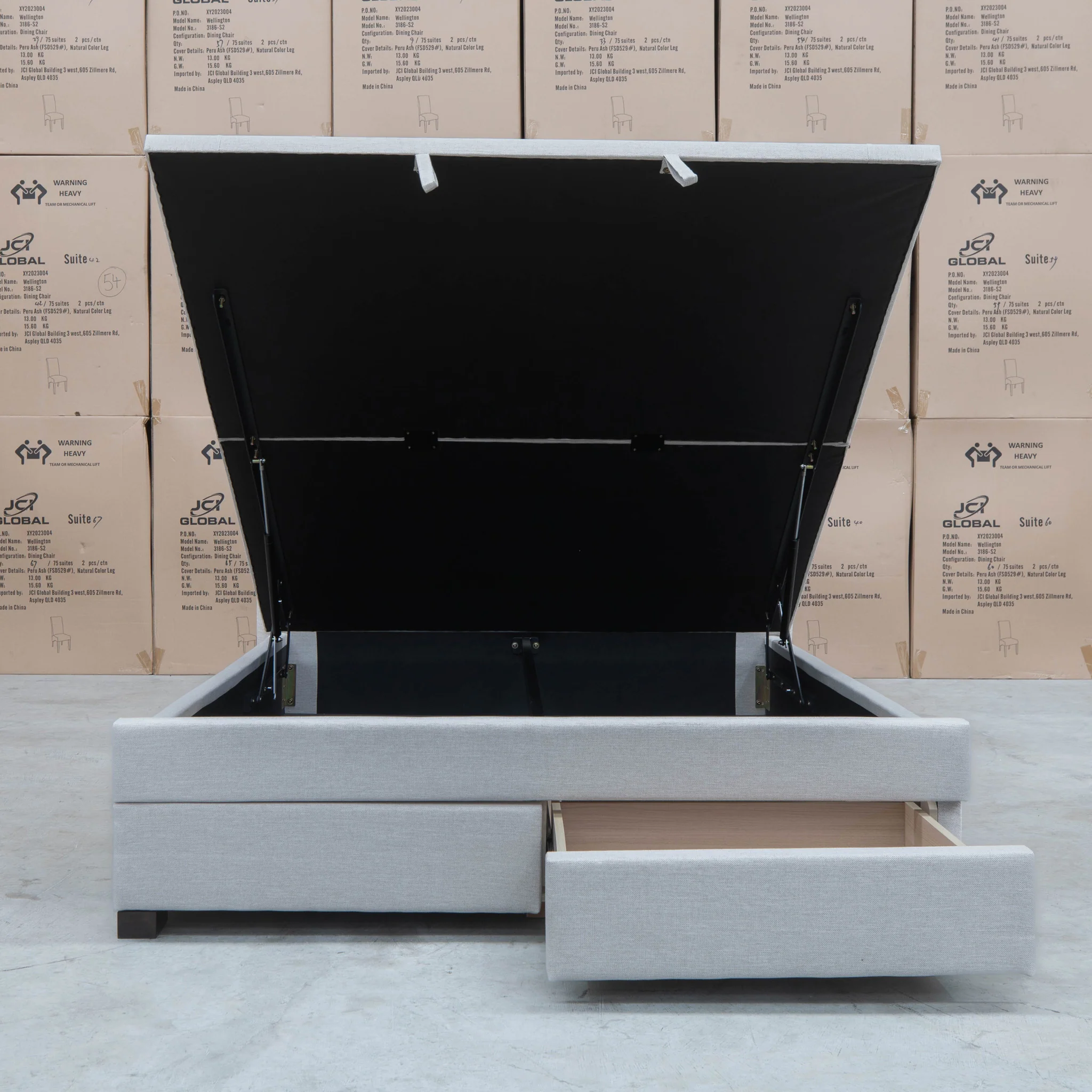 Amelia Queen Fabric Gas Lift Storage Drawer Bed - Oat White - Available After 13th March - Image 16