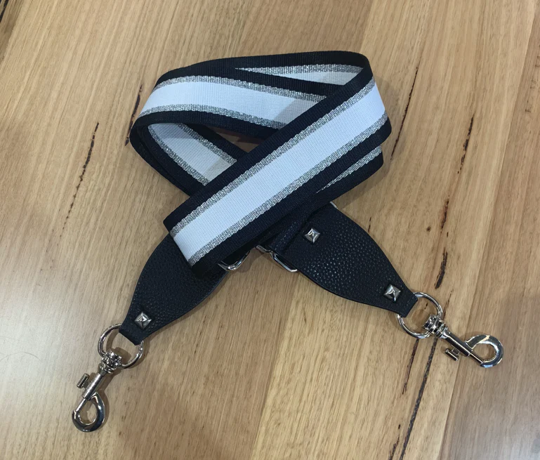 Black, Silver & White Stripe - Bag Strap - Silver Hardware