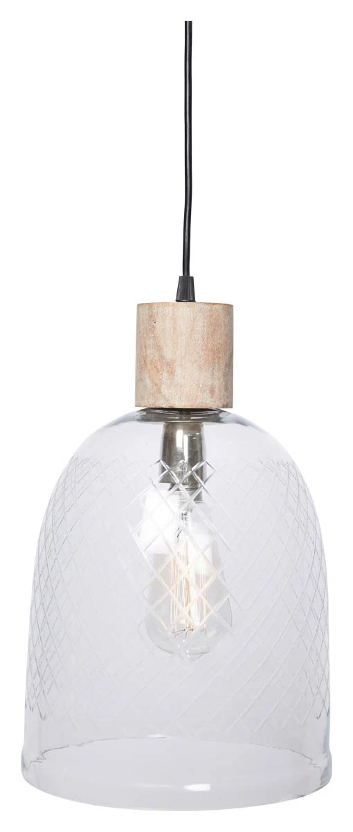 Byron Curved Cut Glass & Wood Pendant Light - Clear/White Wash - VE50 - Available In-Store Only