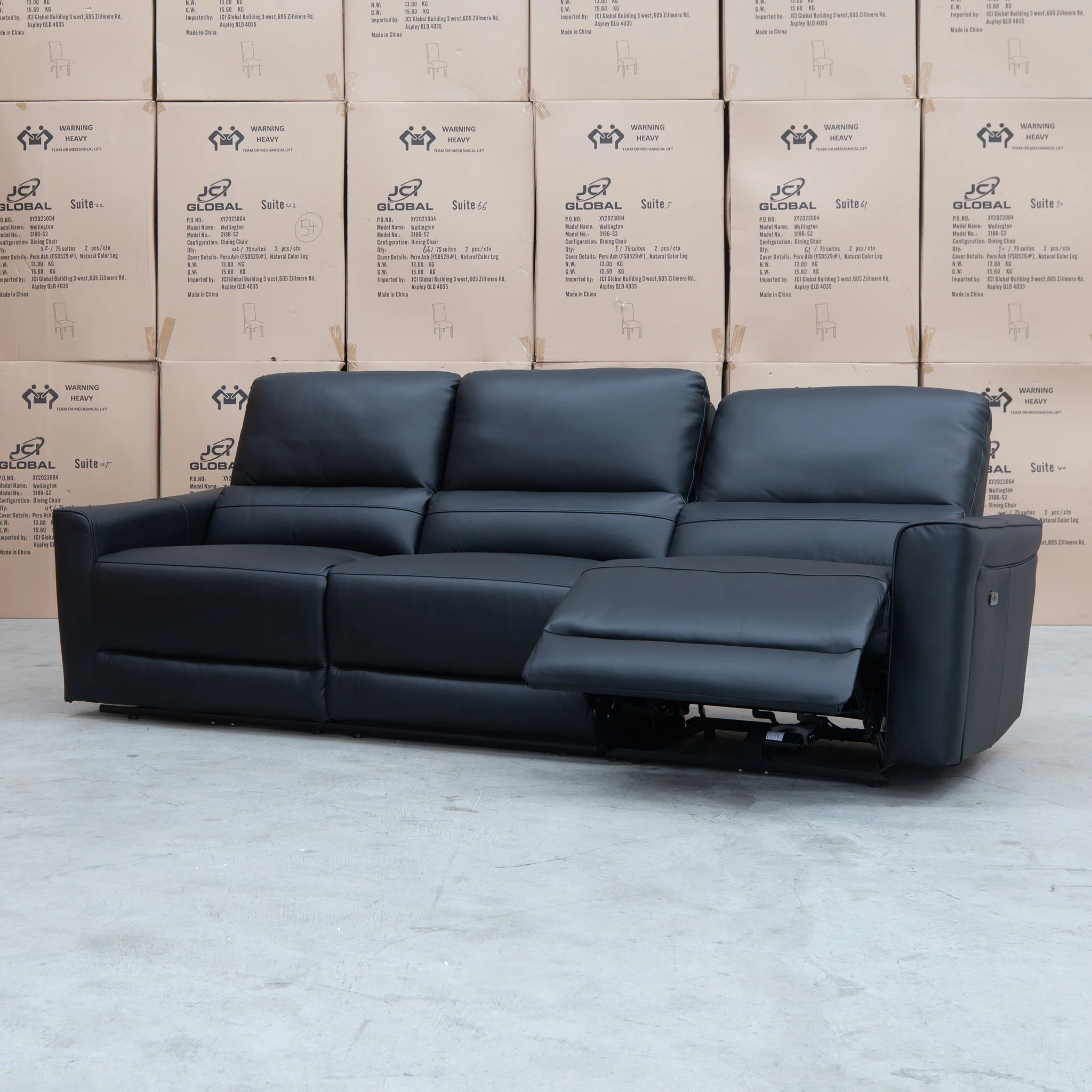 Cobble Electric Three Seat Leather Recliner Lounge - Black - Image 5