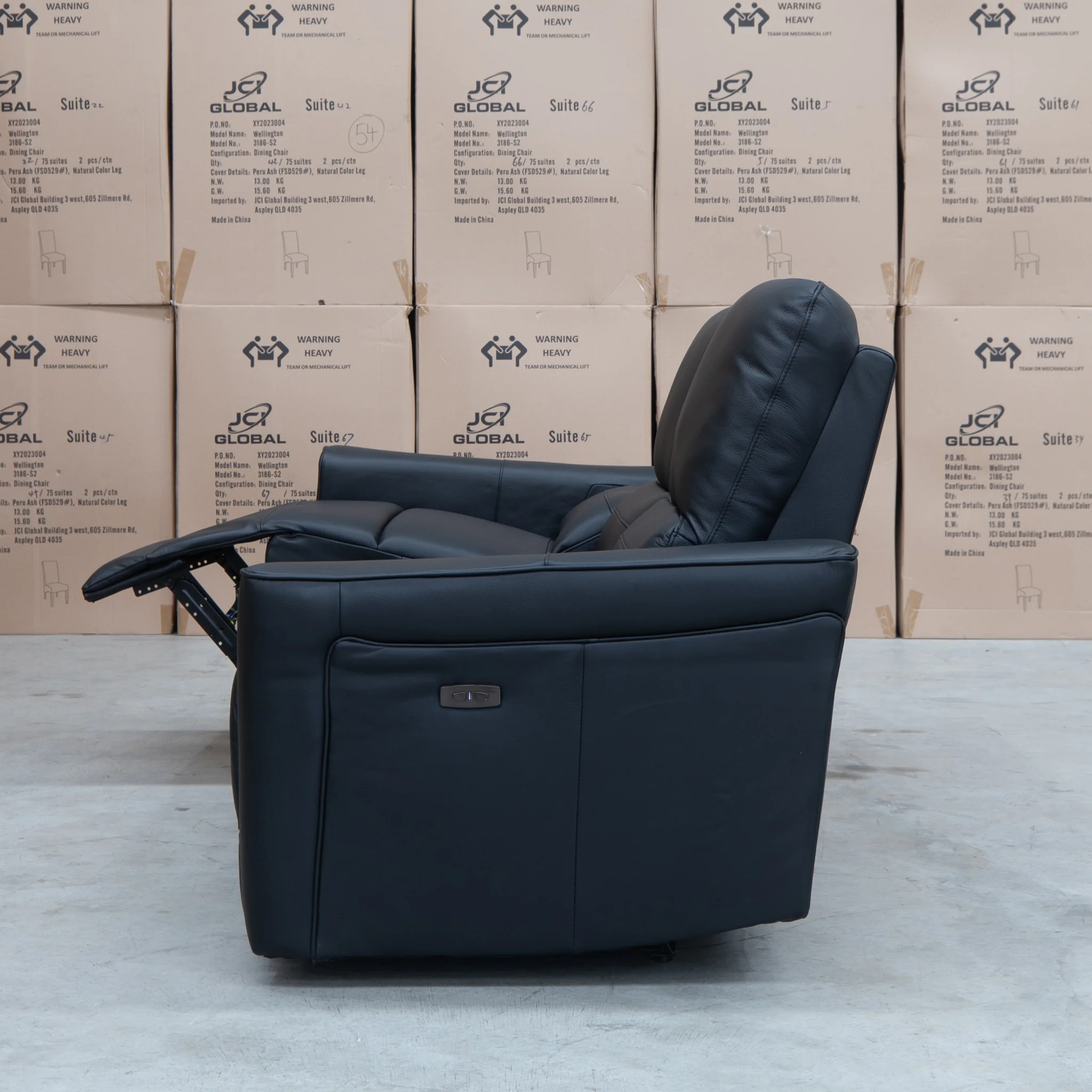 Cobble Electric Three Seat Leather Recliner Lounge - Black - Image 8