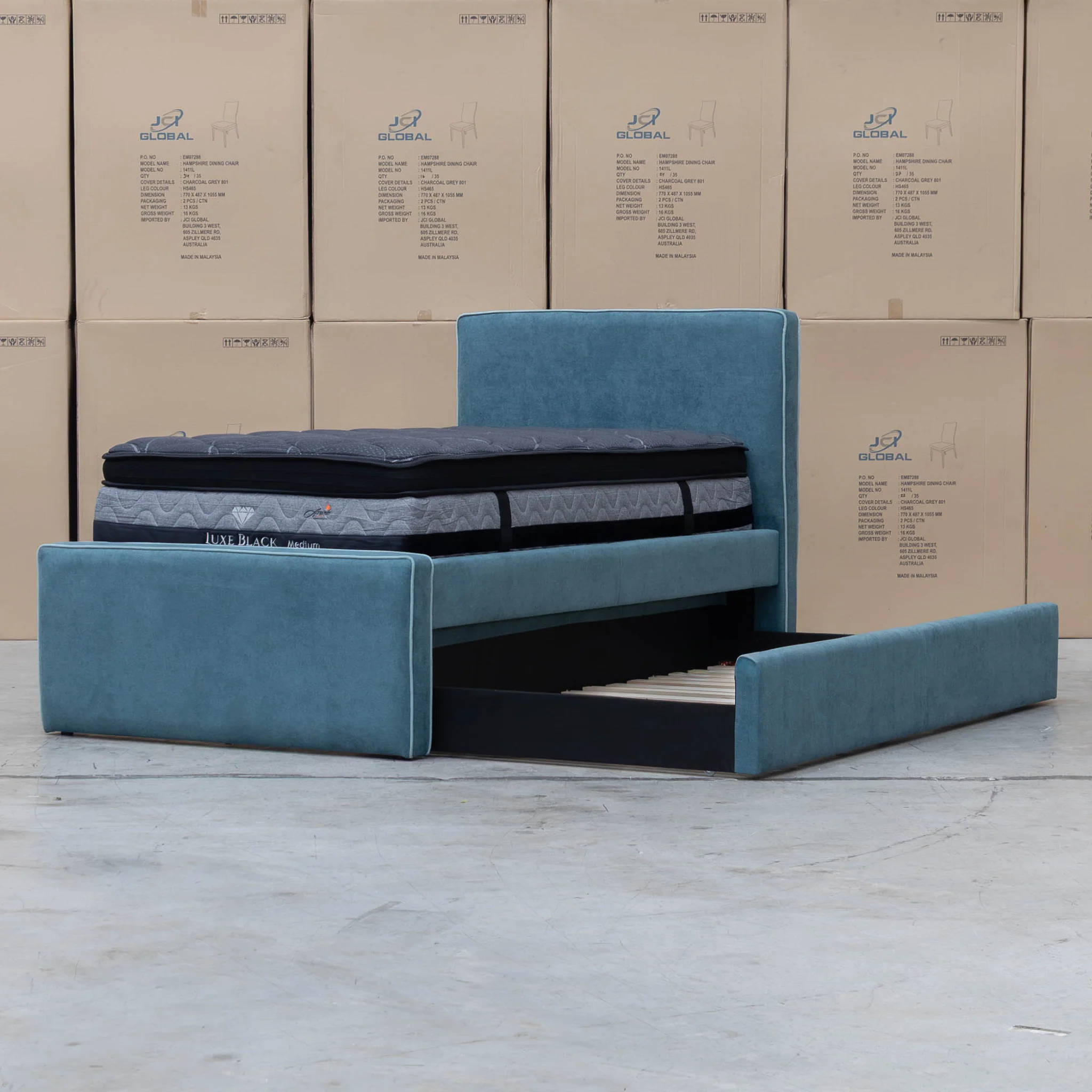 Coco Single Fabric Trundle Bed - Teal (Reversible Trundle) - Image 11