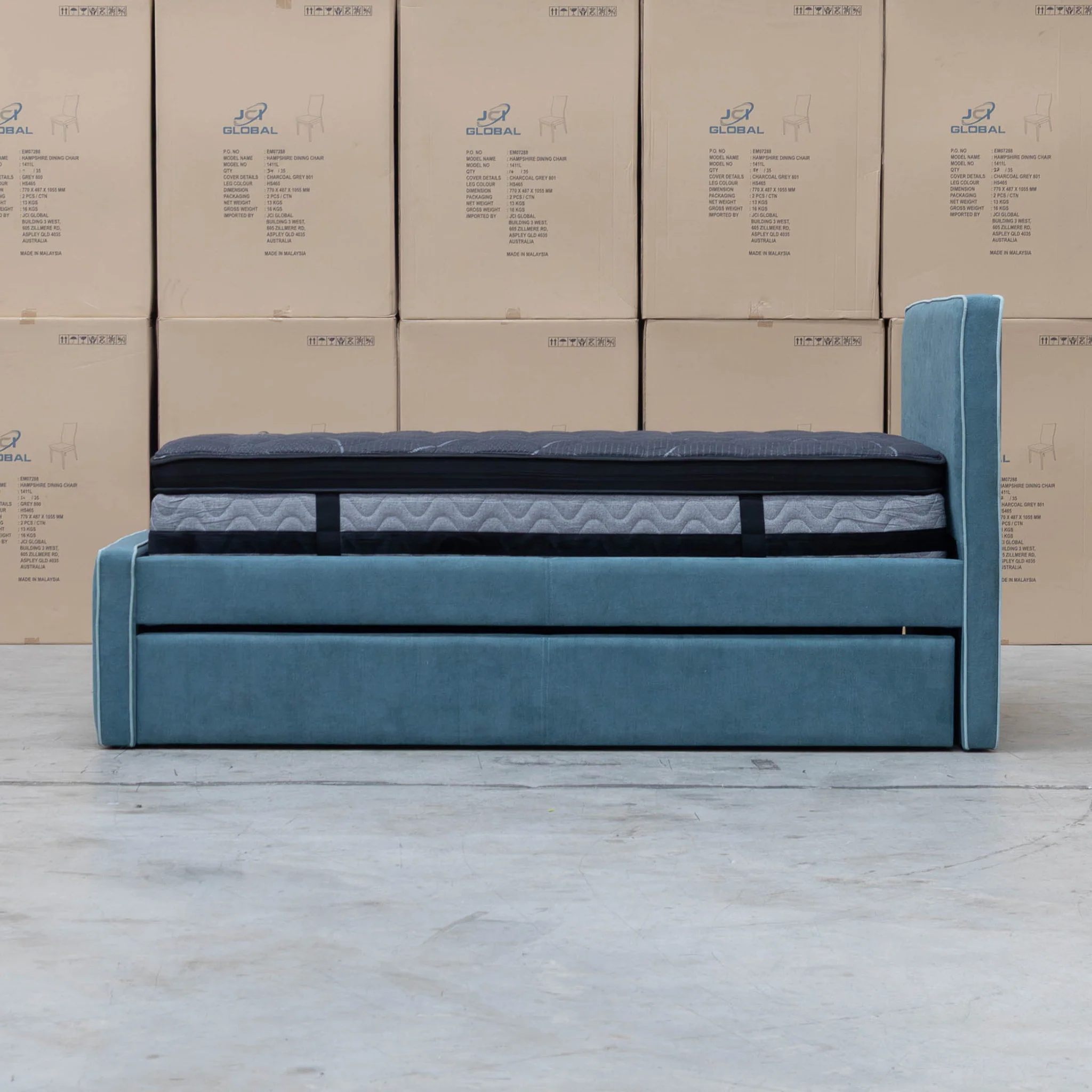 Coco Single Fabric Trundle Bed - Teal (Reversible Trundle) - Image 8