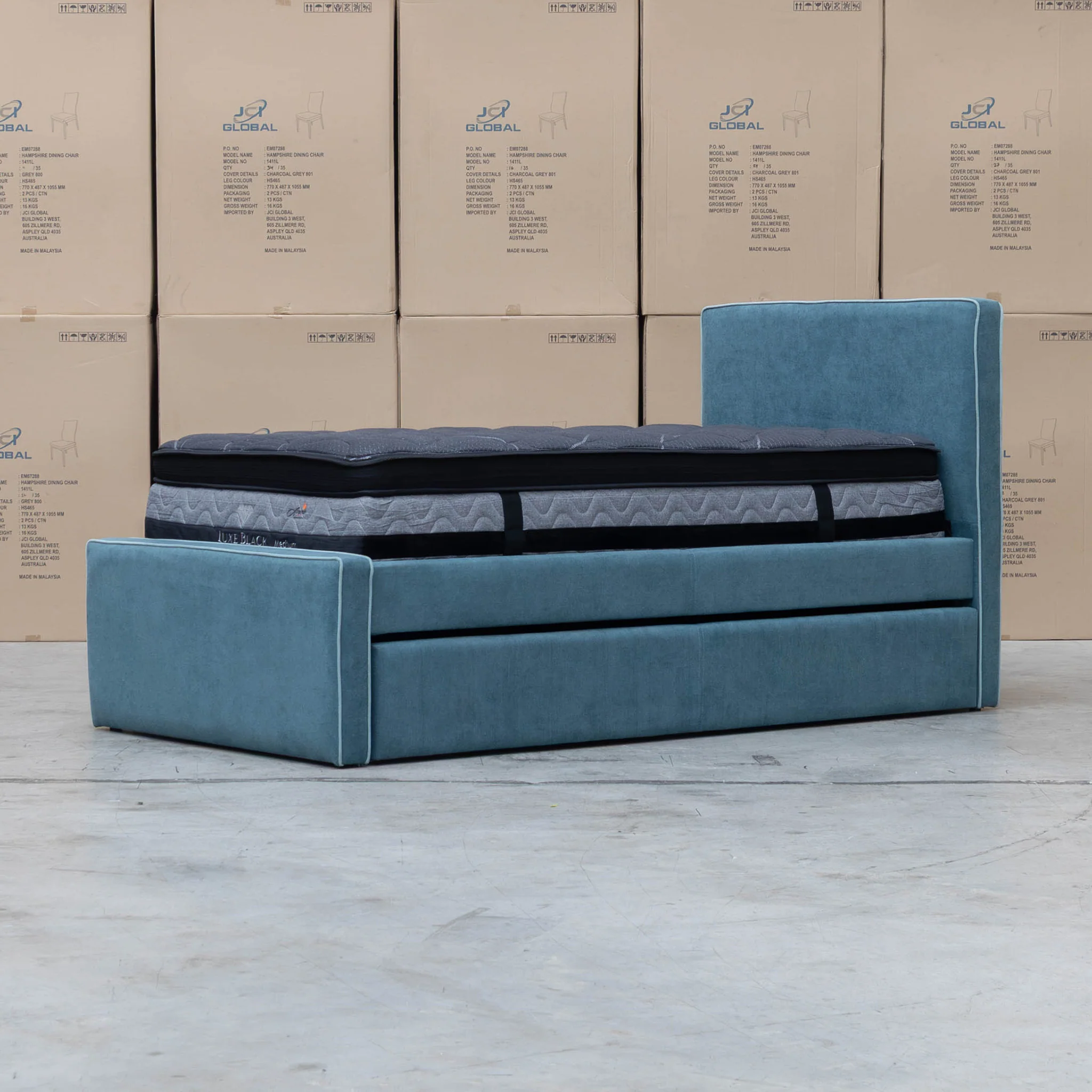Coco Single Fabric Trundle Bed - Teal (Reversible Trundle) - Image 9