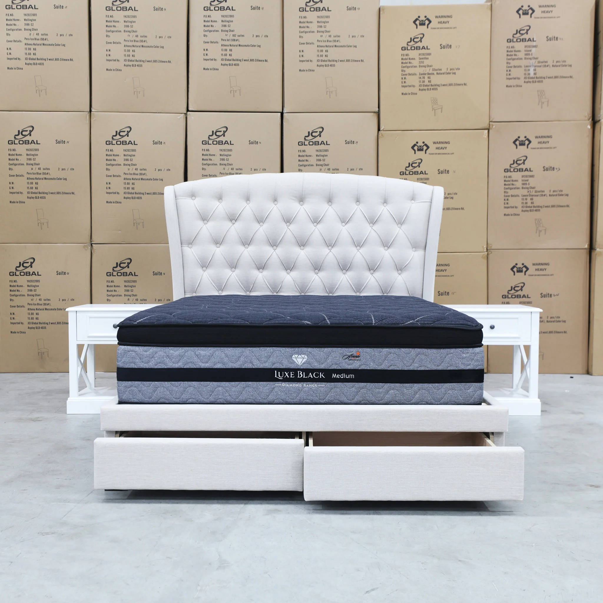 Grace Queen Fabric Storage Bed - Oat White - Image 7