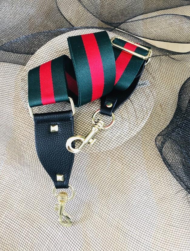 Green & Red Stripe - Bag Strap - Silver Hardware