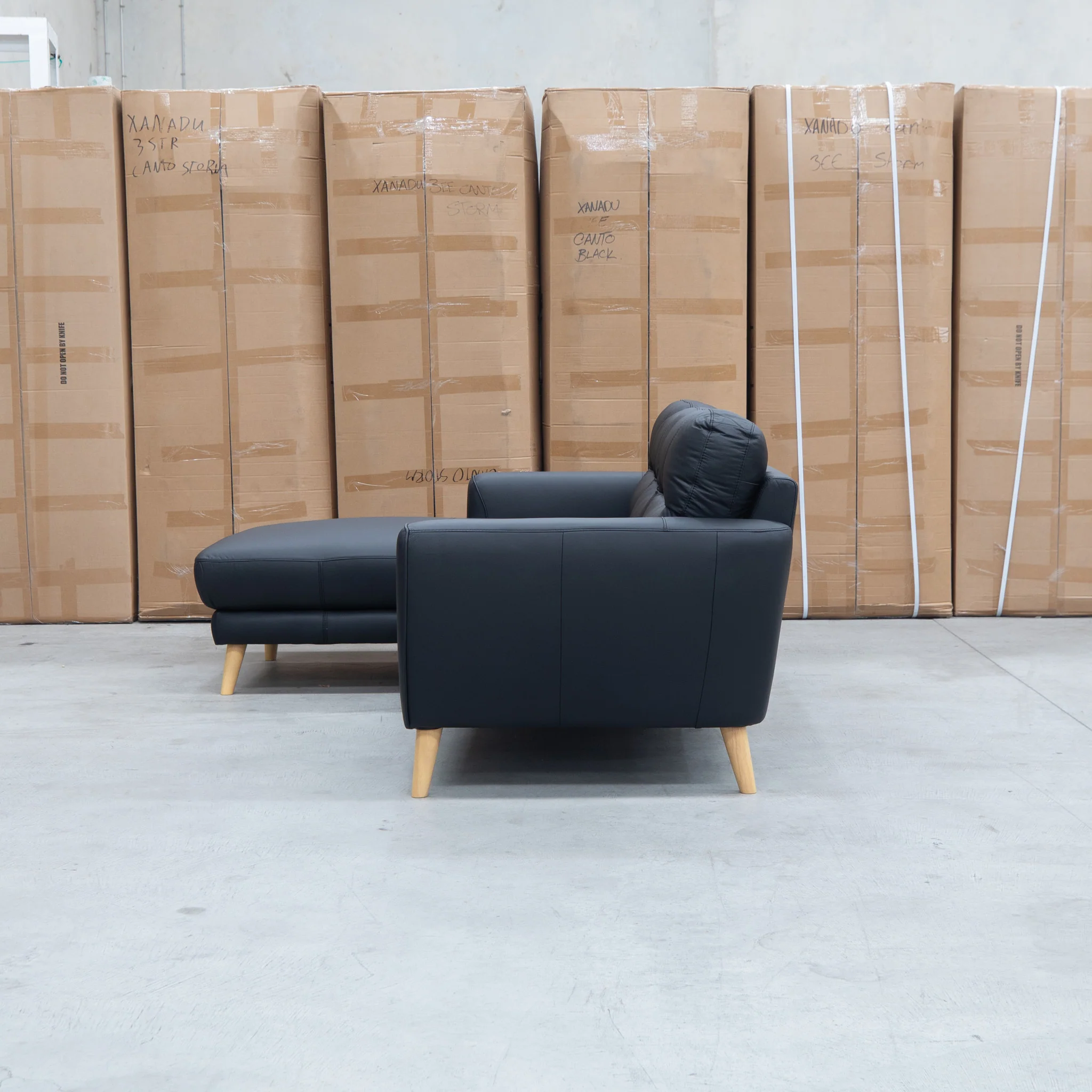 Nevada Three Seat LHF Leather Chaise Lounge - Black - Image 5