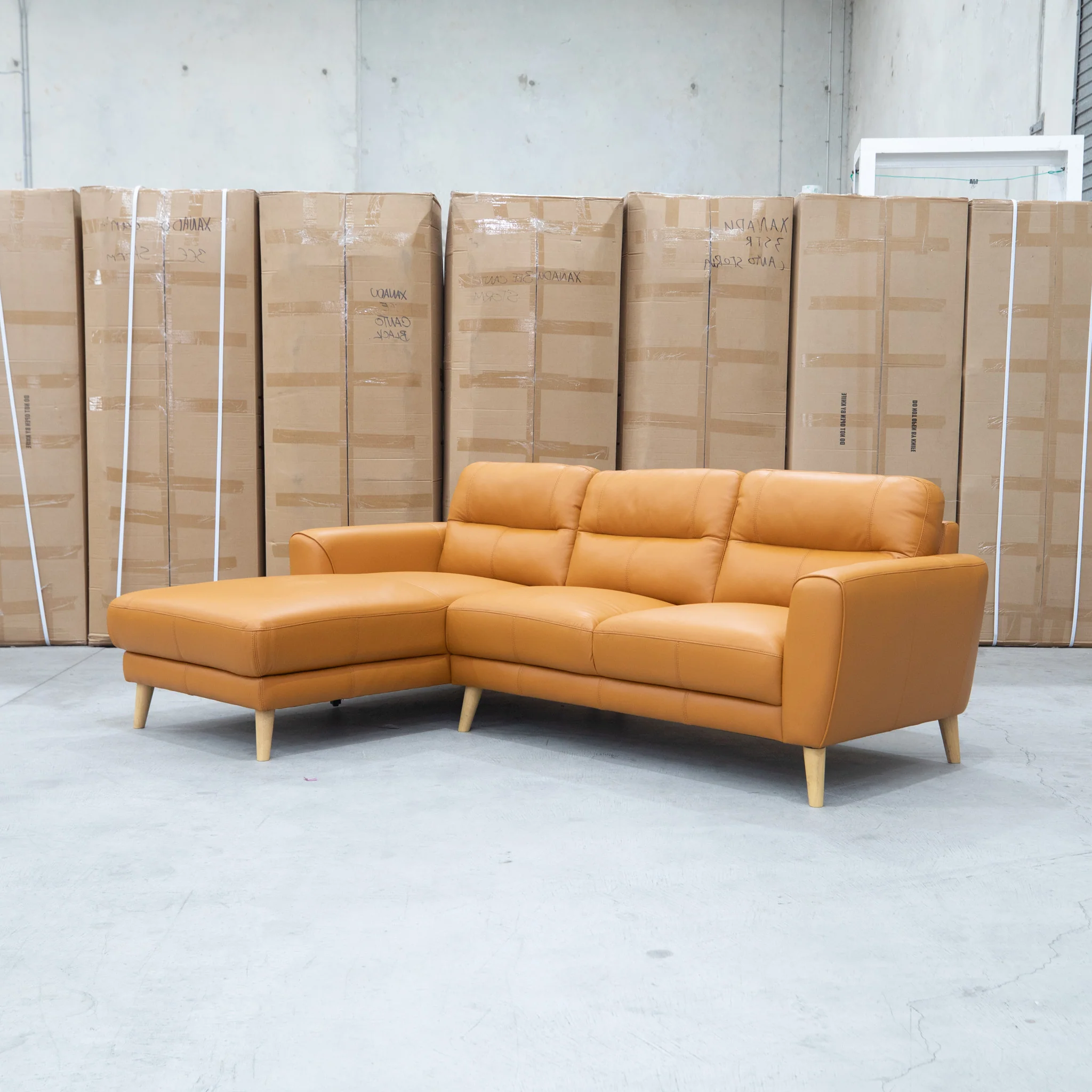 Nevada Three Seat LHF Leather Chaise Lounge - Orange