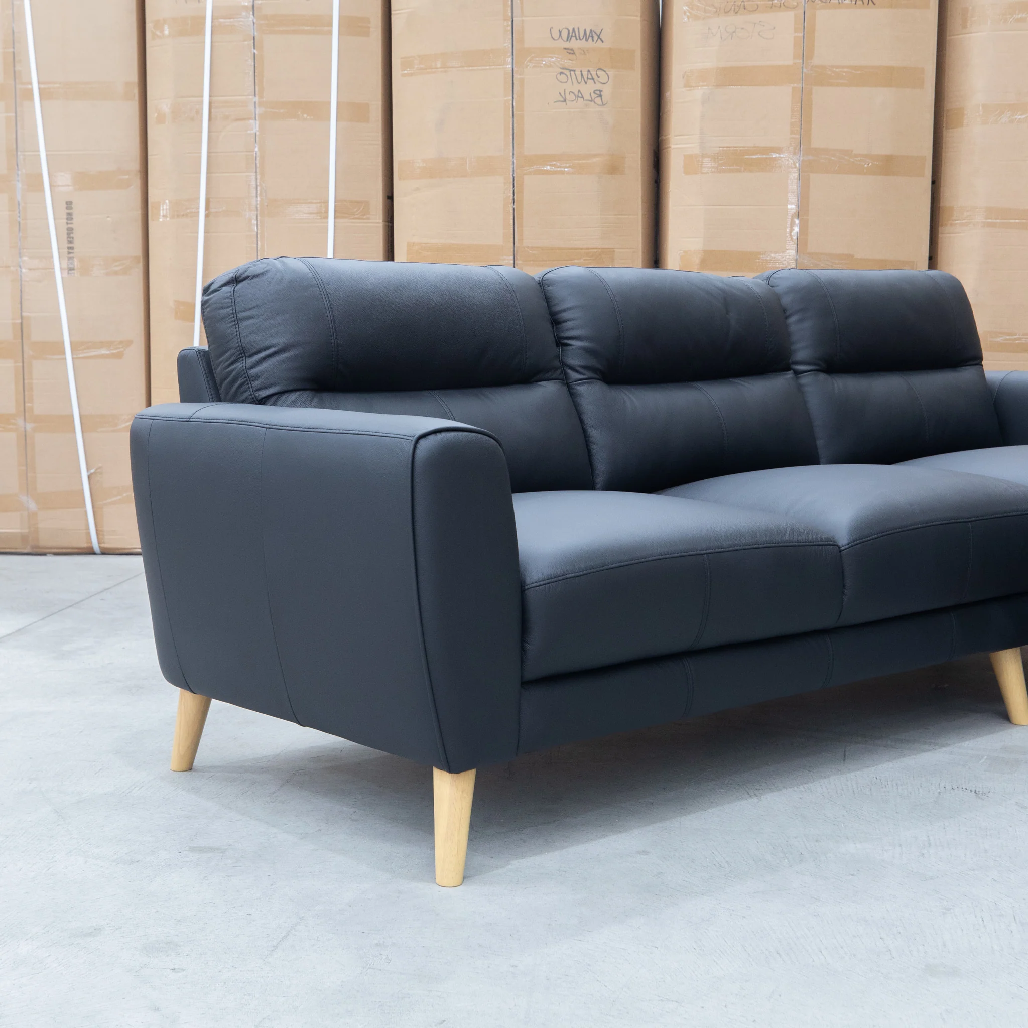 Nevada Three Seat RHF Leather Chaise Lounge - Black - Image 5