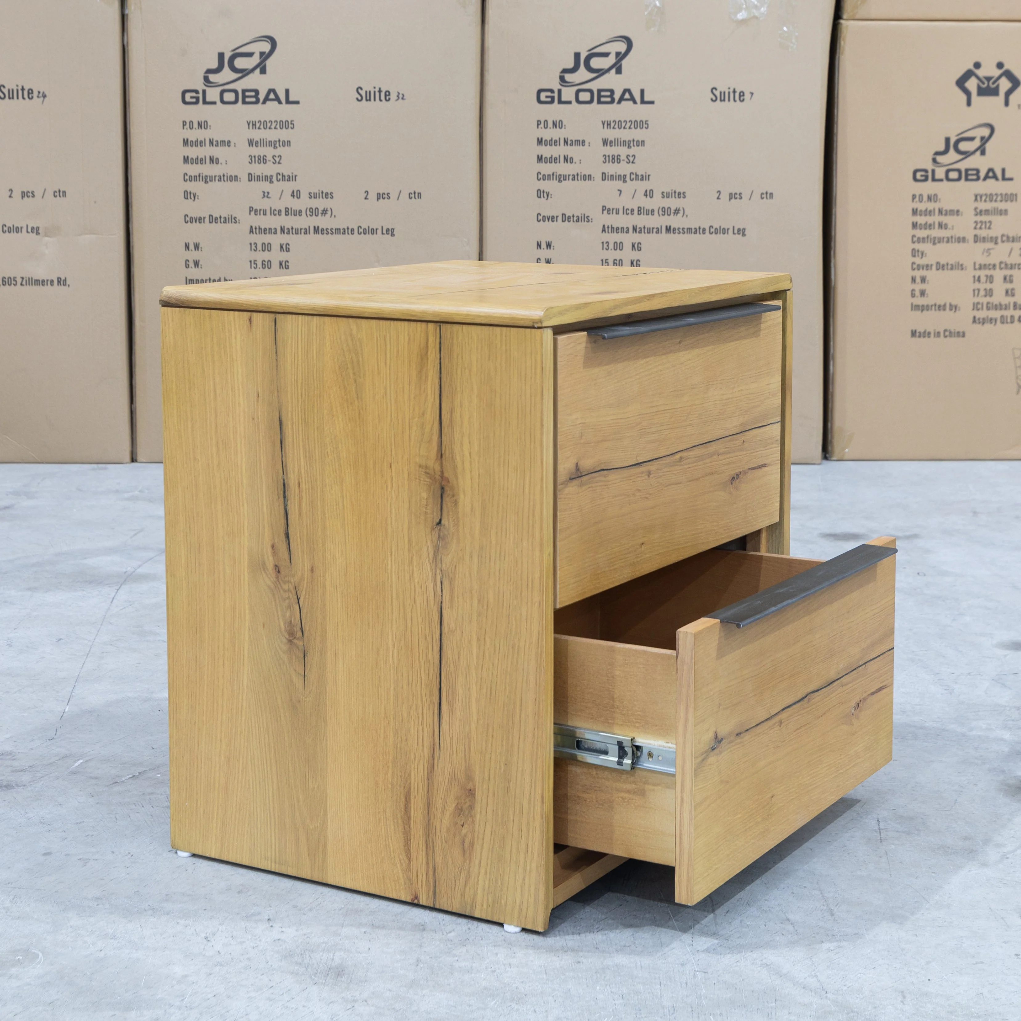 Newfarm Distressed Oak Two Drawer Hardwood Bedside - Image 4