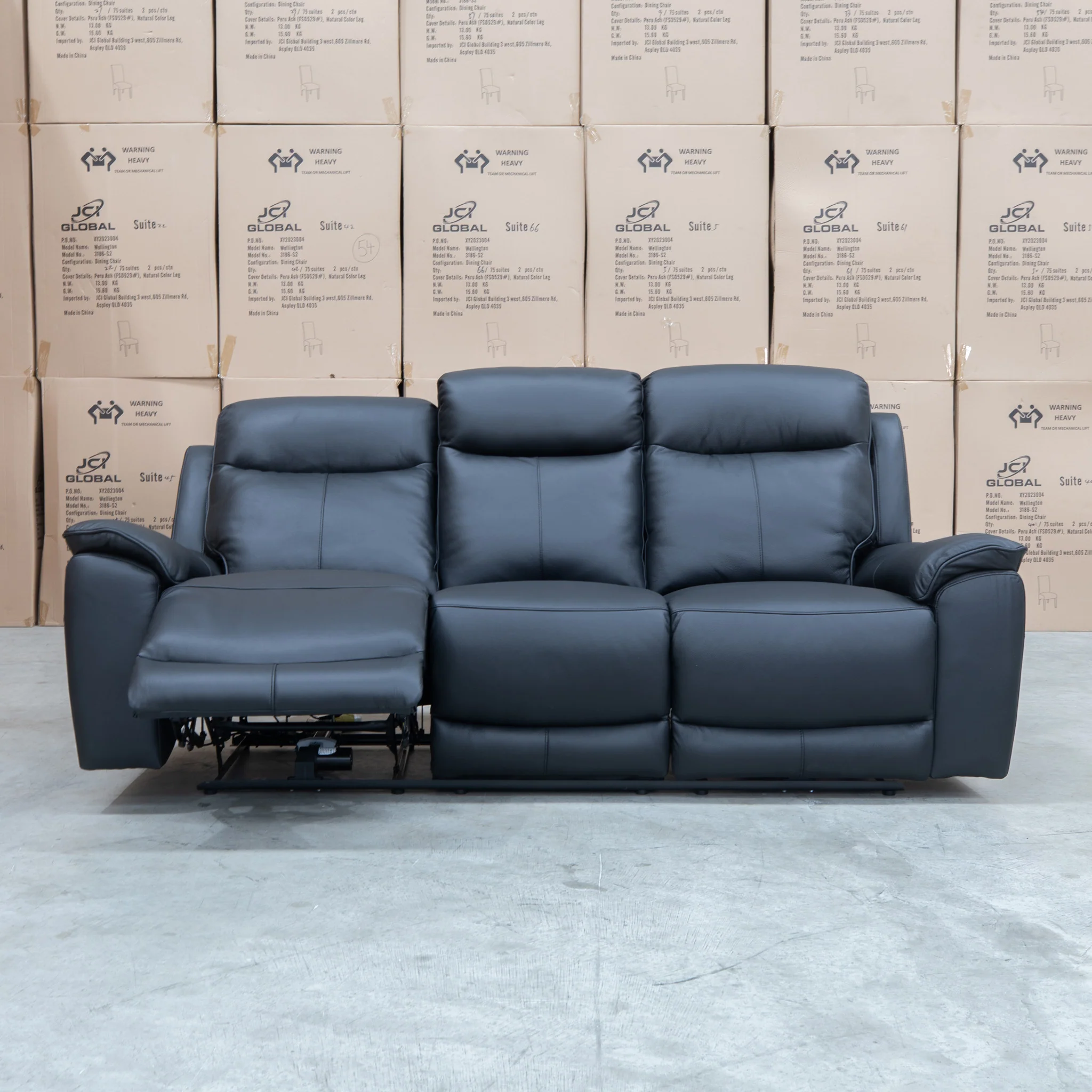 Panama Three Seater Triple Motor Electric Recliner Lounge - Black Leather - Image 3