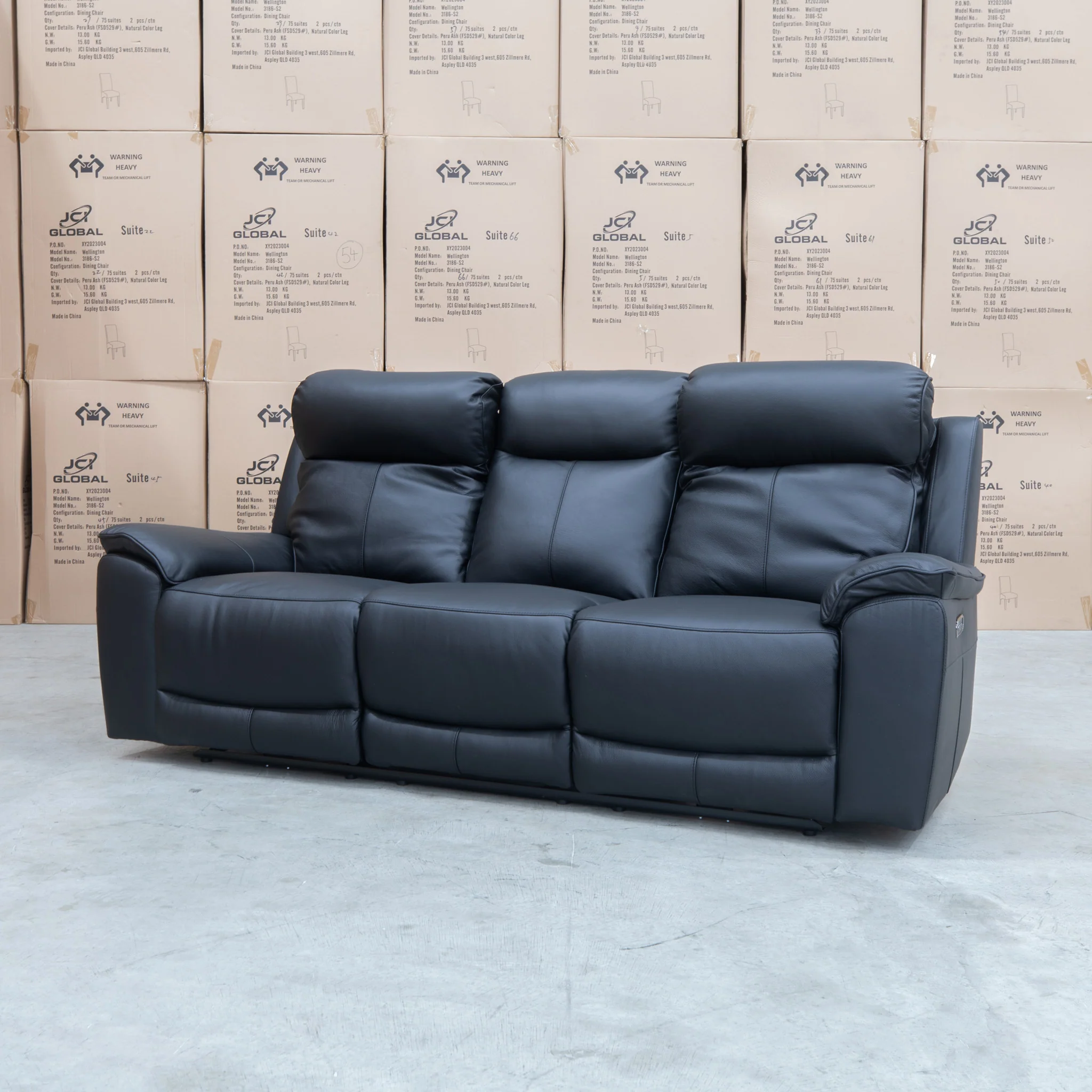 Panama Three Seater Triple Motor Electric Recliner Lounge - Black Leather - Image 6