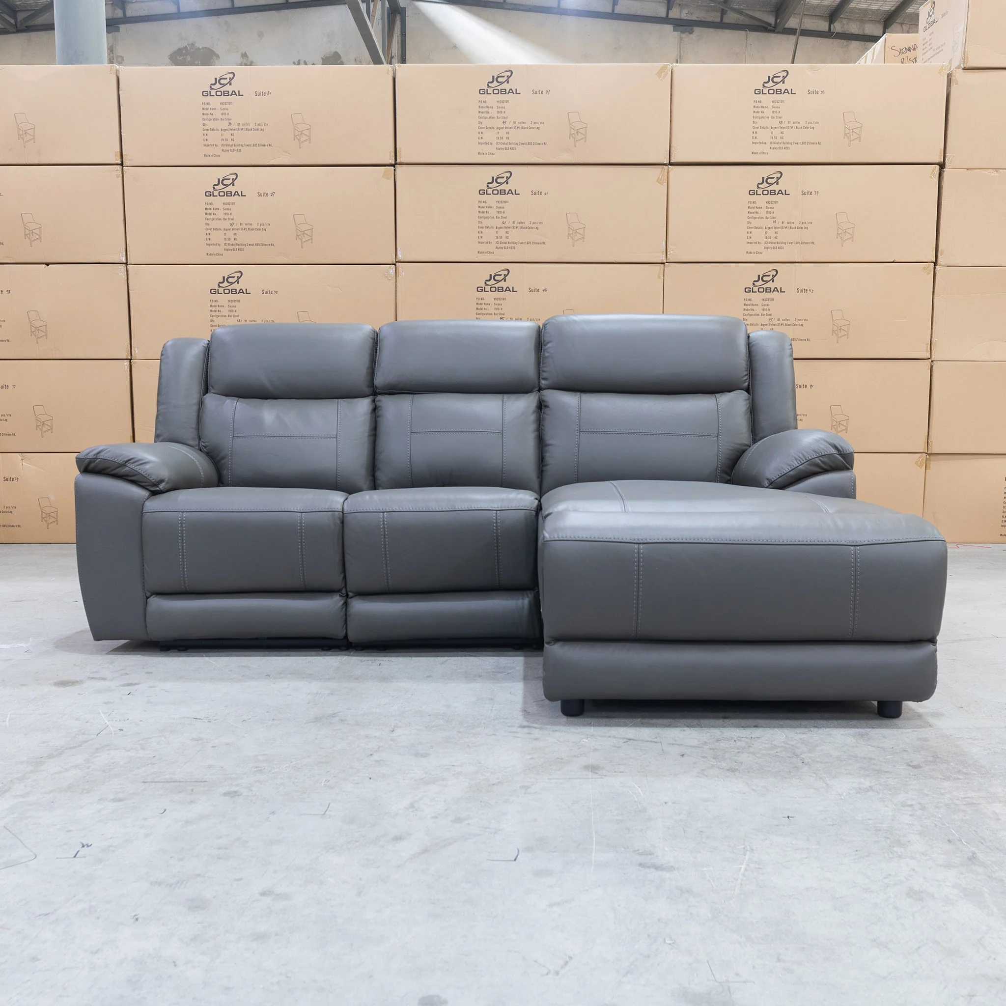 Venus Three Seater Dual-Motor Chaise Recliner Lounge - Storm Leather - Image 3