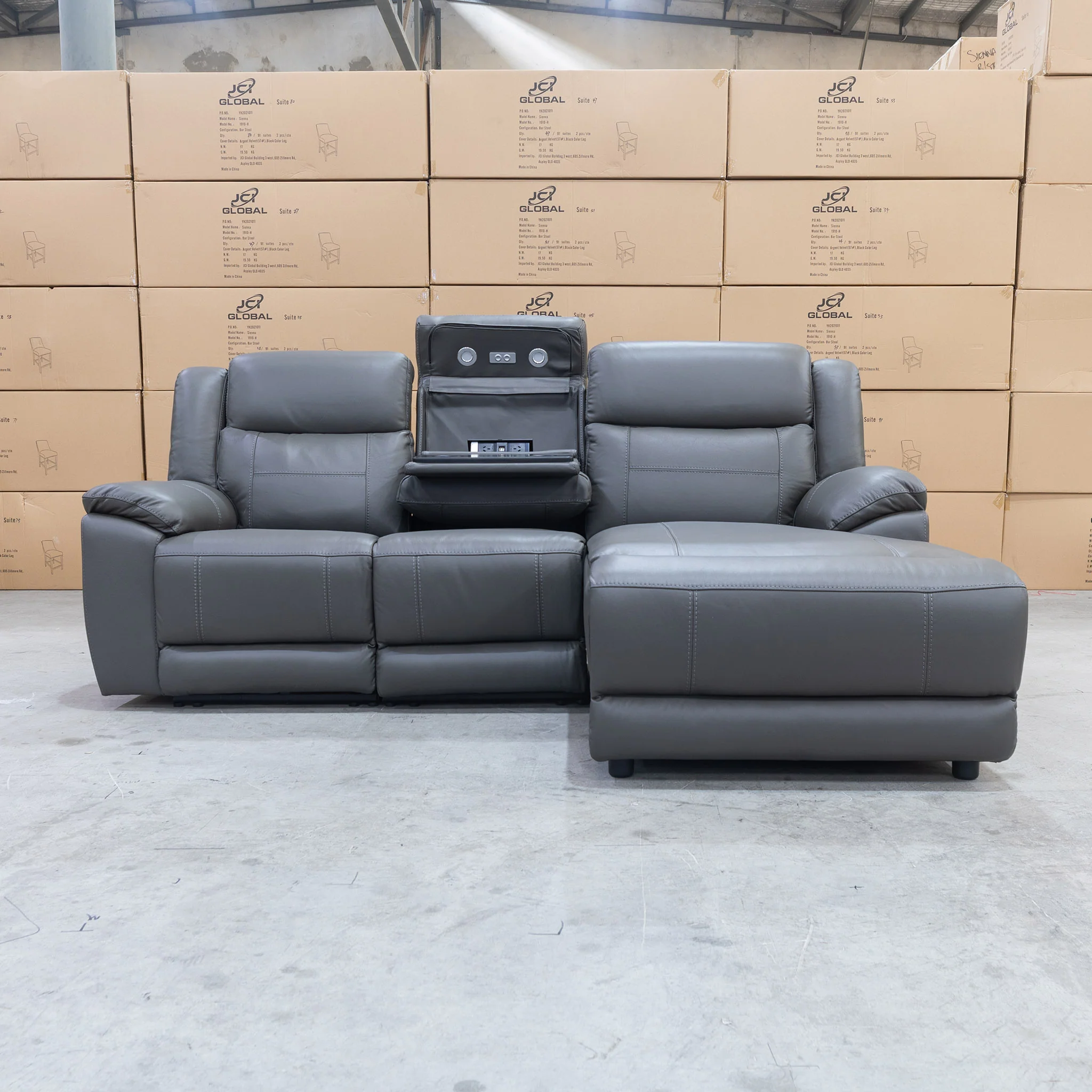 Venus Three Seater Dual-Motor Chaise Recliner Lounge - Storm Leather - Image 4