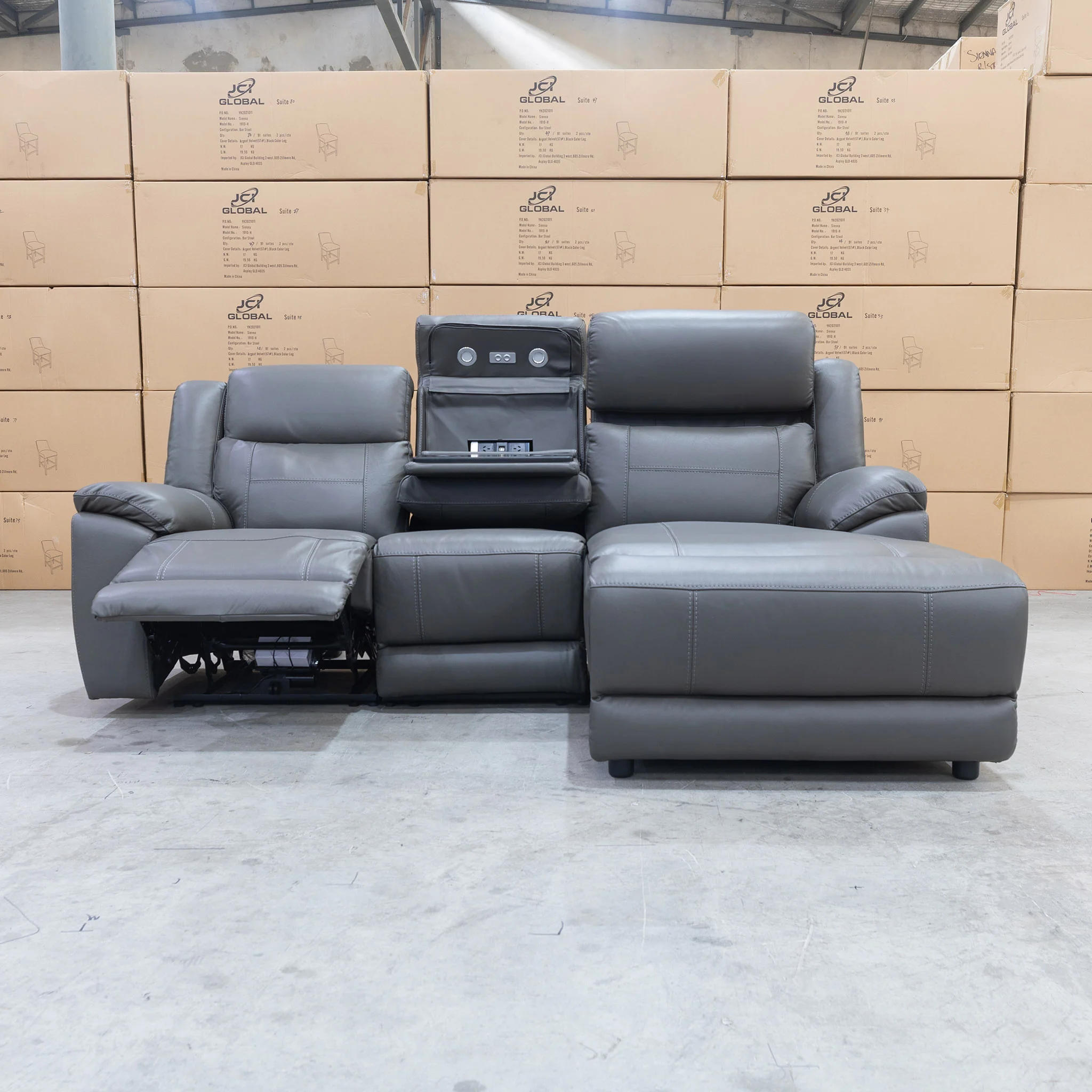 Venus Three Seater Dual-Motor Chaise Recliner Lounge - Storm Leather - Image 6