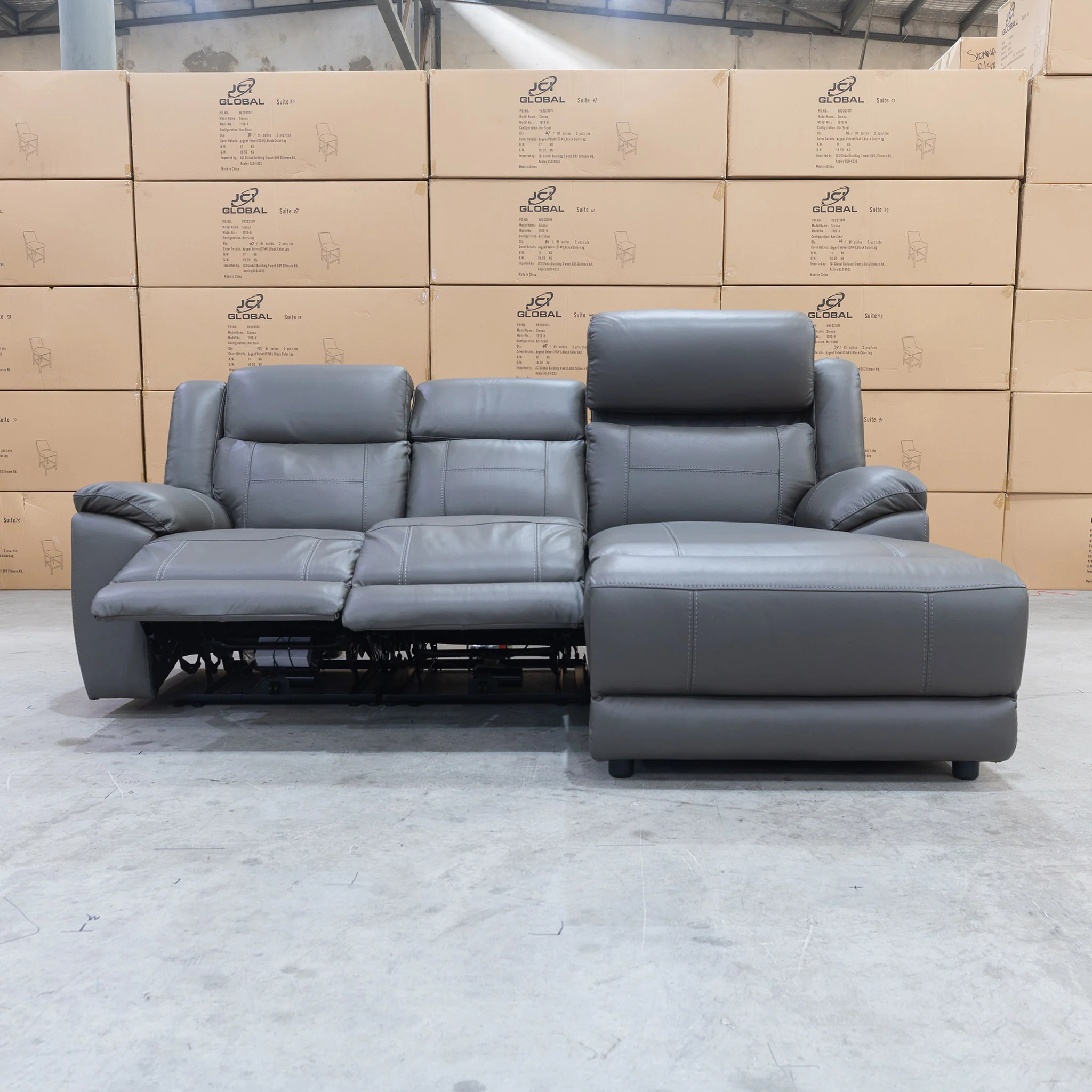 Venus Three Seater Dual-Motor Chaise Recliner Lounge - Storm Leather - Image 7