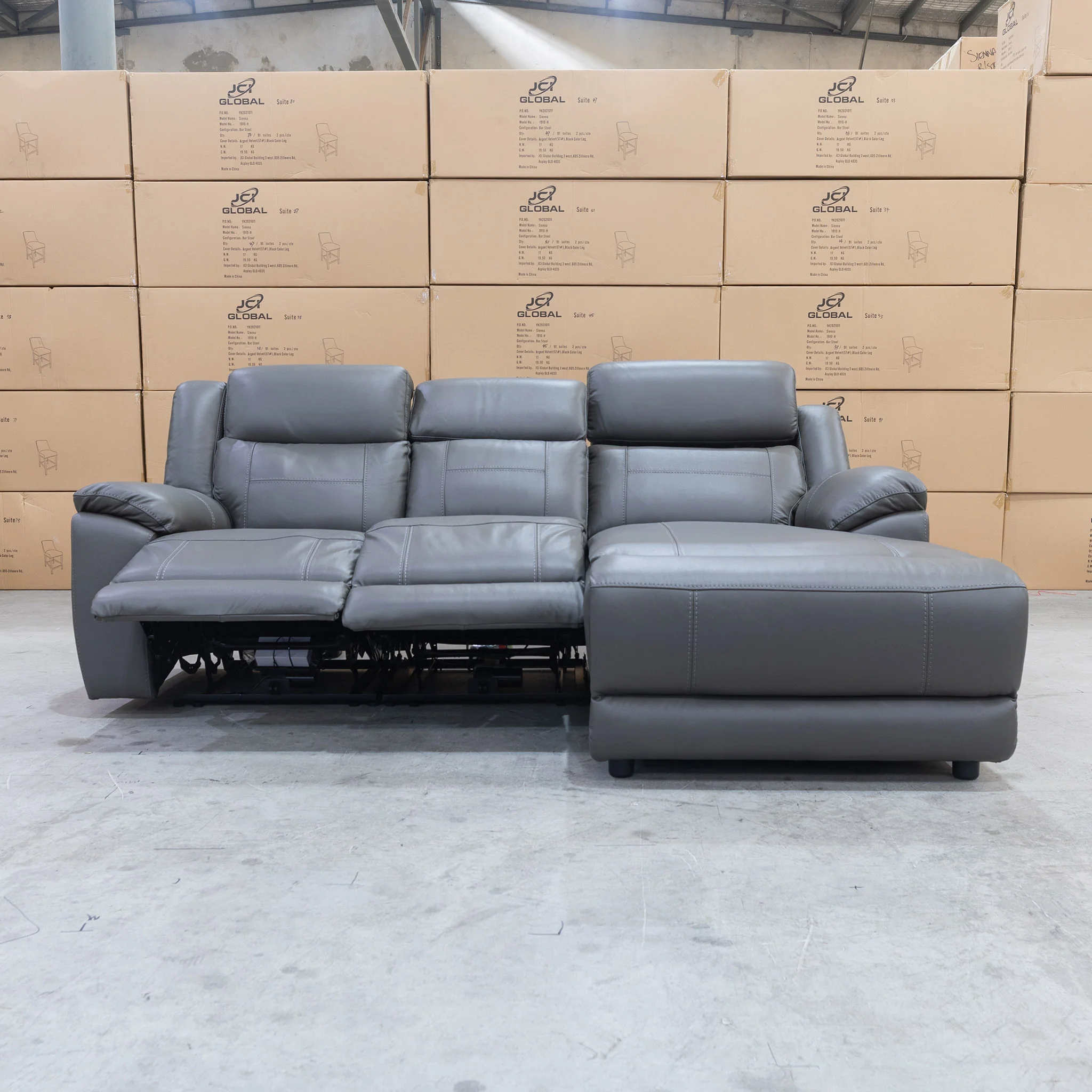 Venus Three Seater Dual-Motor Chaise Recliner Lounge - Storm Leather - Image 8