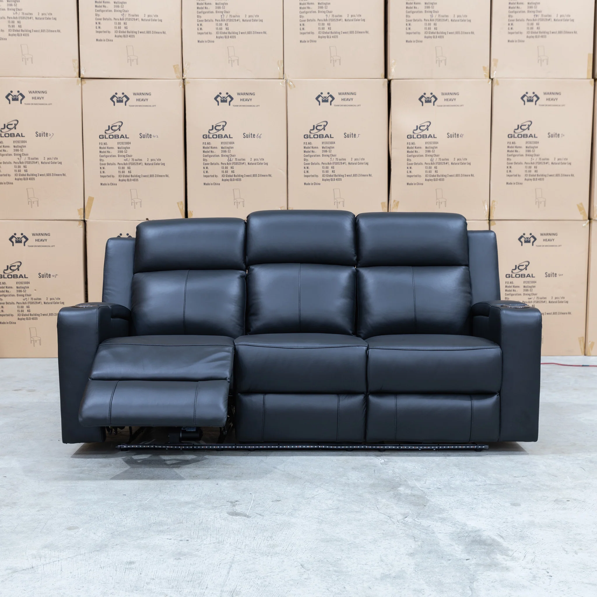 Xanadu Three Seater Dual Motor Electric Recliner Lounge - Black Leather - Image 15