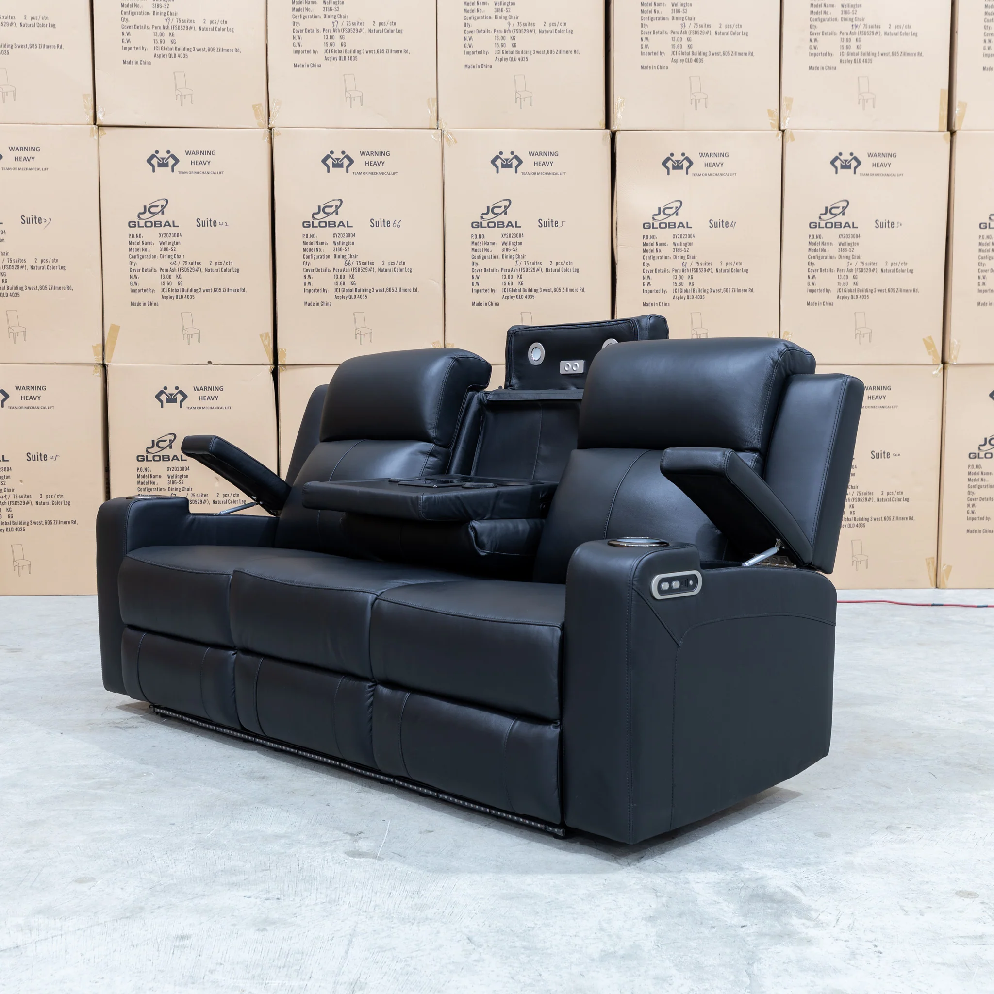 Xanadu Three Seater Dual Motor Electric Recliner Lounge - Black Leather - Image 18