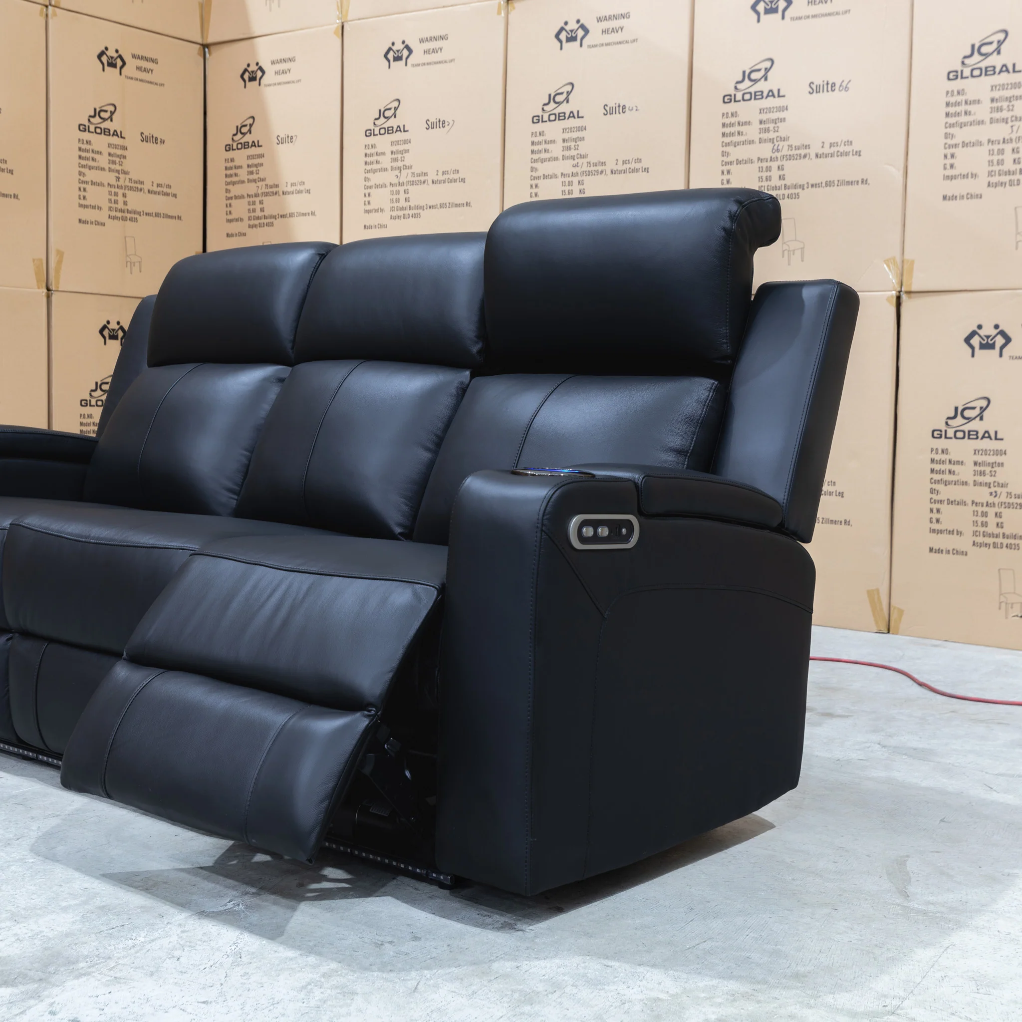 Xanadu Three Seater Dual Motor Electric Recliner Lounge - Black Leather - Image 31