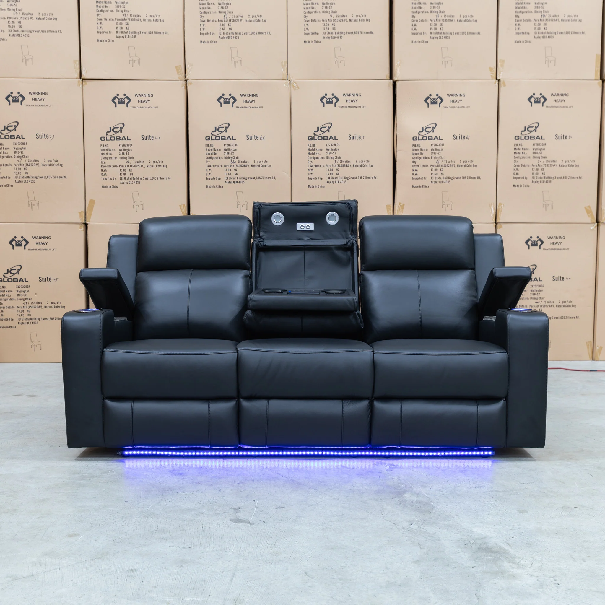 Xanadu Three Seater Dual Motor Electric Recliner Lounge - Black Leather - Image 5