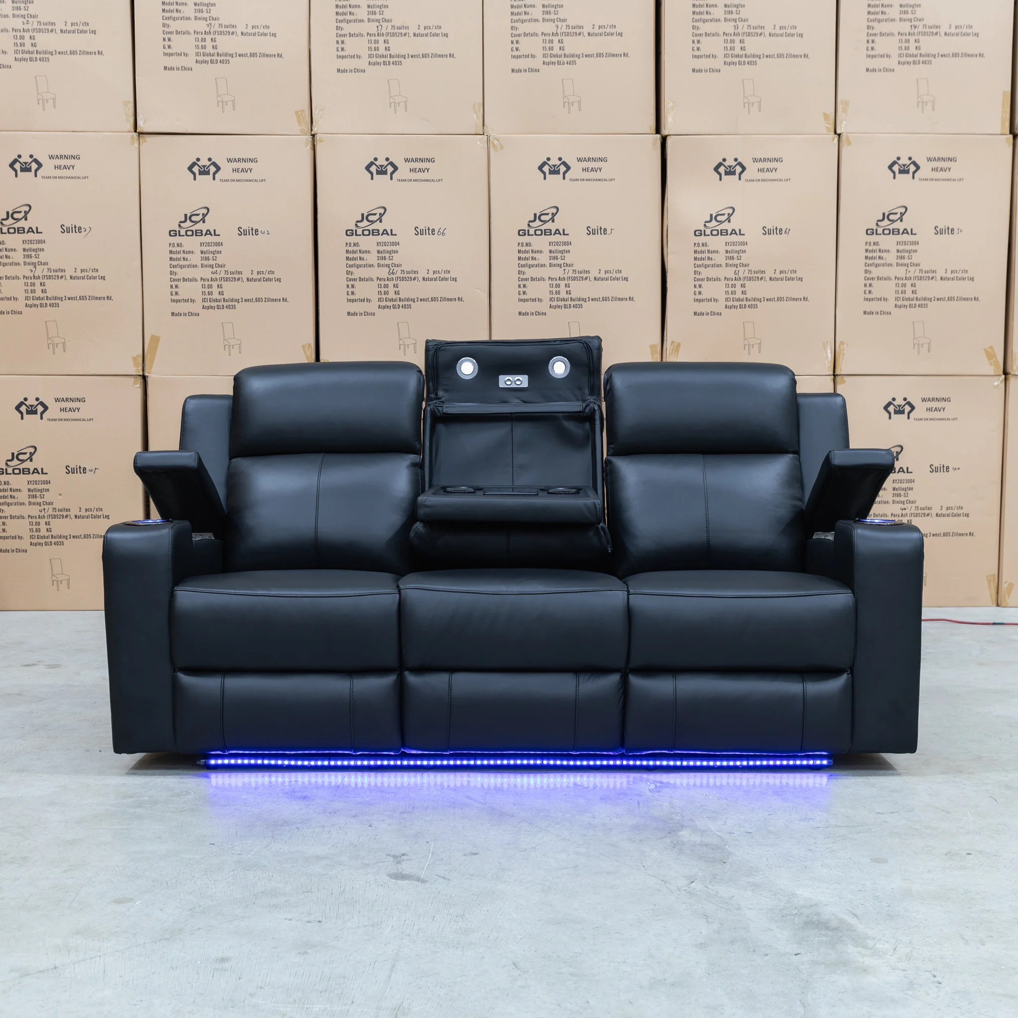 Xanadu Three Seater Dual Motor Electric Recliner Lounge - Black Leather - Image 6