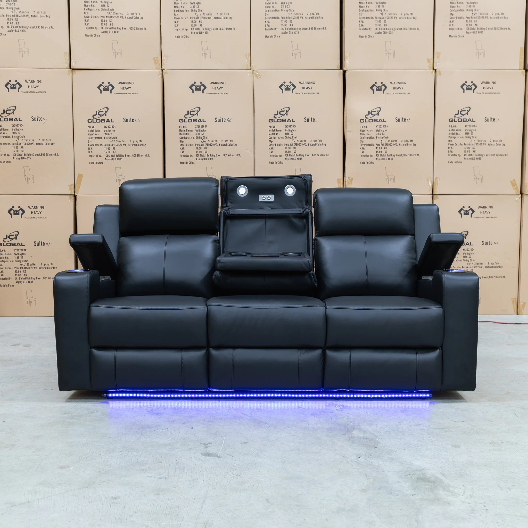 Xanadu Three Seater Dual Motor Electric Recliner Lounge - Black Leather - Image 7