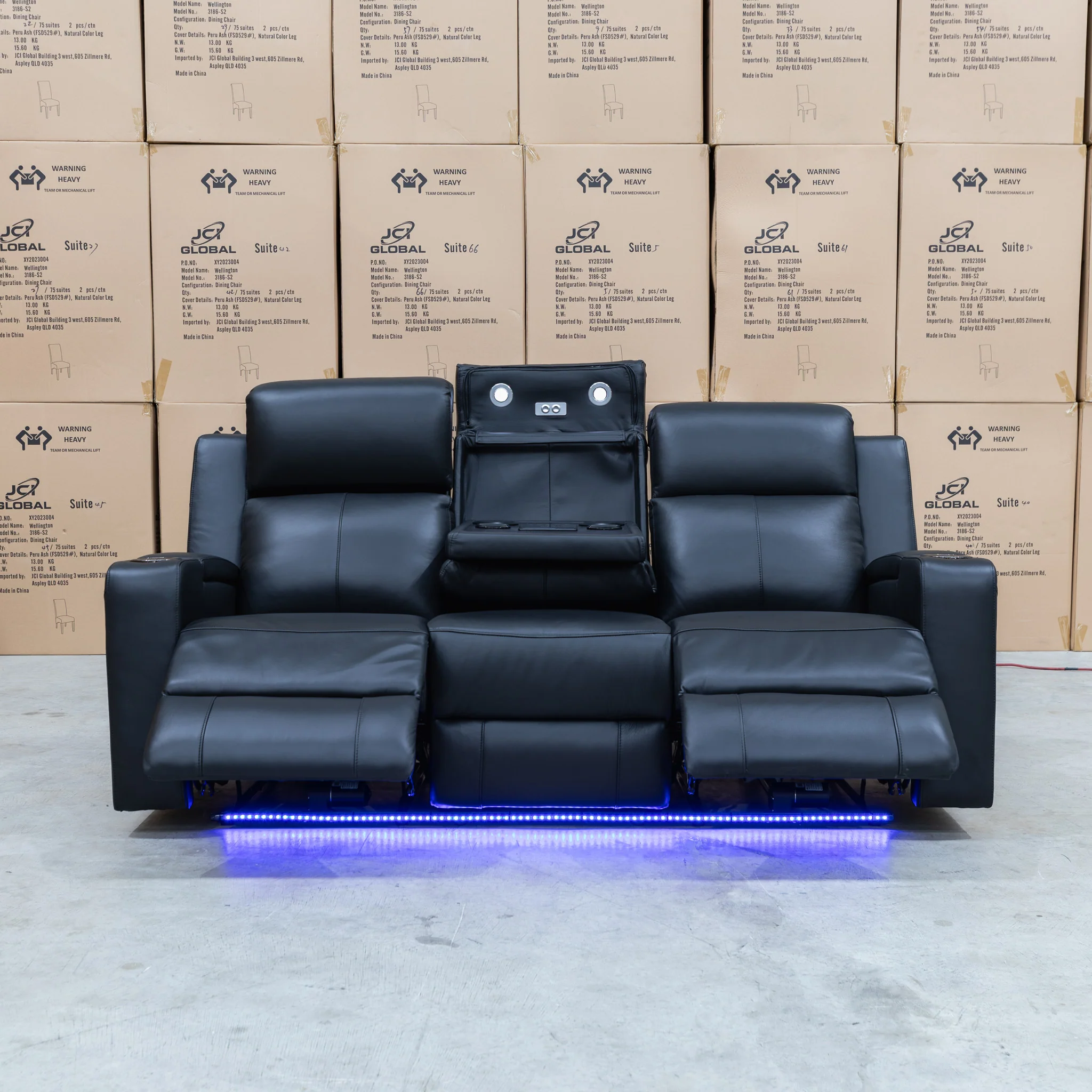 Xanadu Three Seater Dual Motor Electric Recliner Lounge - Black Leather - Image 9