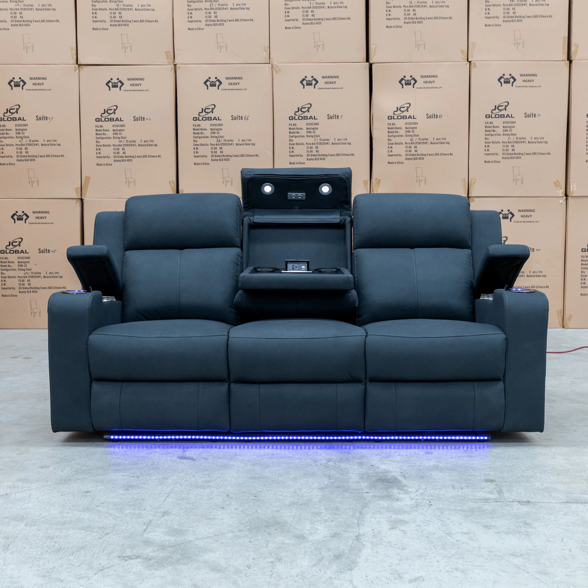 Xanadu Three Seater Dual Motor Electric Recliner Lounge - Black Rhino Suede - Image 4