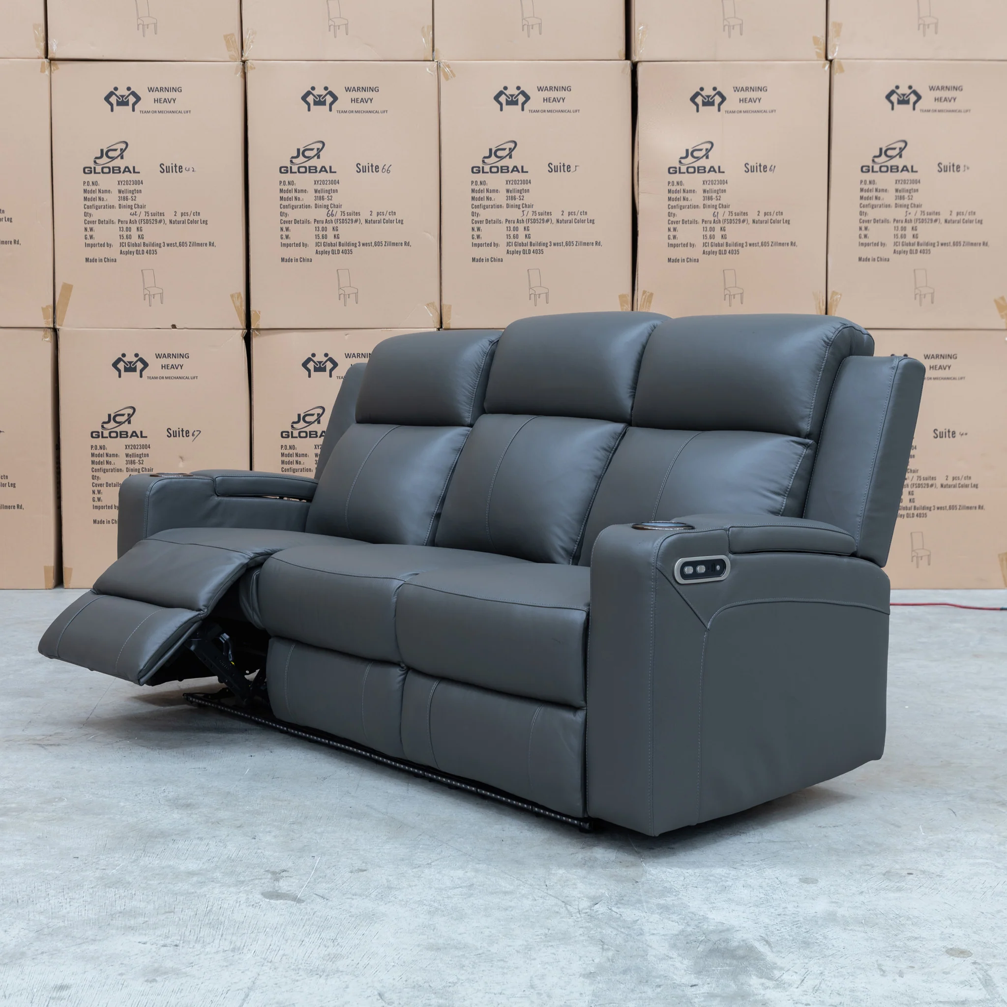 Xanadu Three Seater Dual Motor Electric Recliner Lounge - Storm Leather - Image 12