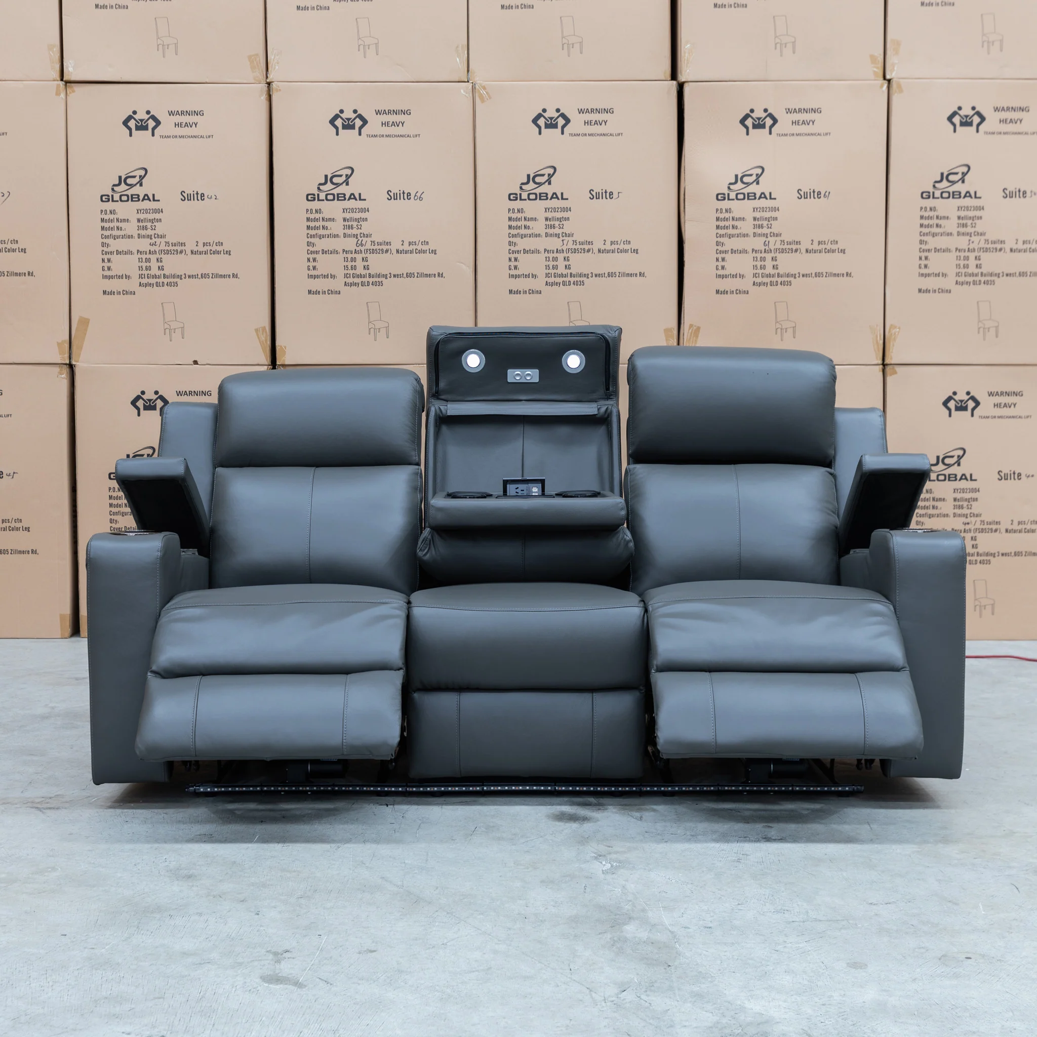 Xanadu Three Seater Dual Motor Electric Recliner Lounge - Storm Leather - Image 5