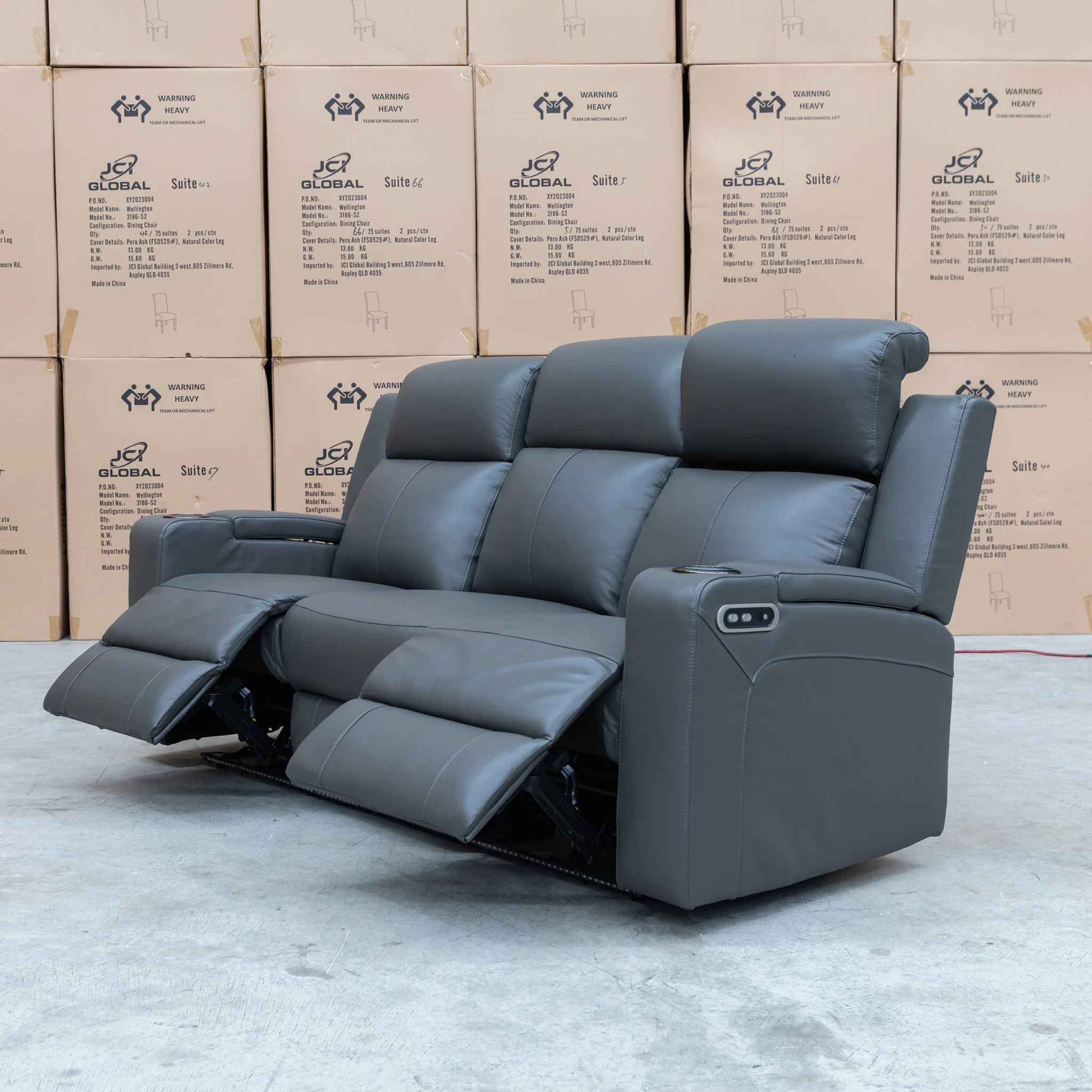 Xanadu Three Seater Dual Motor Electric Recliner Lounge - Storm Leather - Image 7
