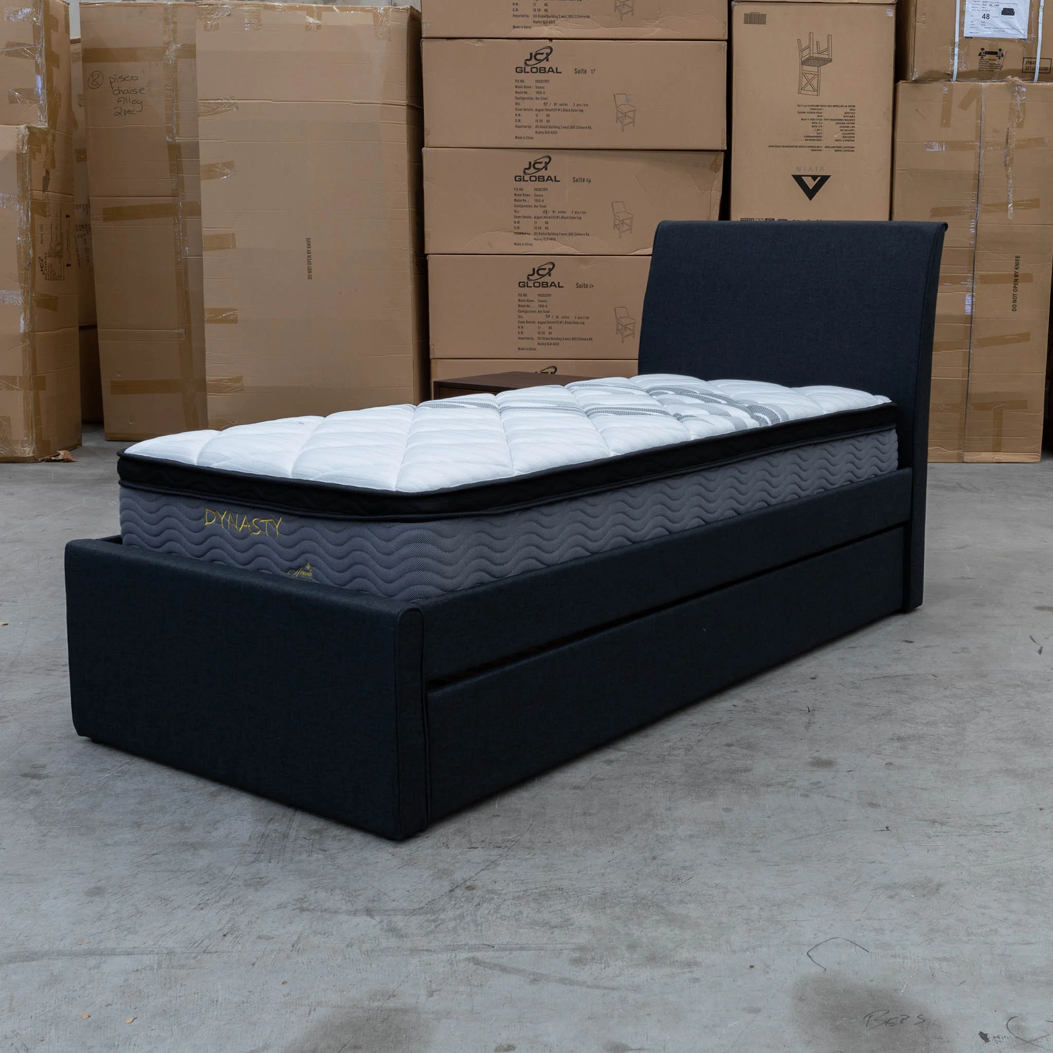 York King Single Fabric Trundle Bed - Charcoal (Reversible Trundle) - Available After 13th March - Image 4